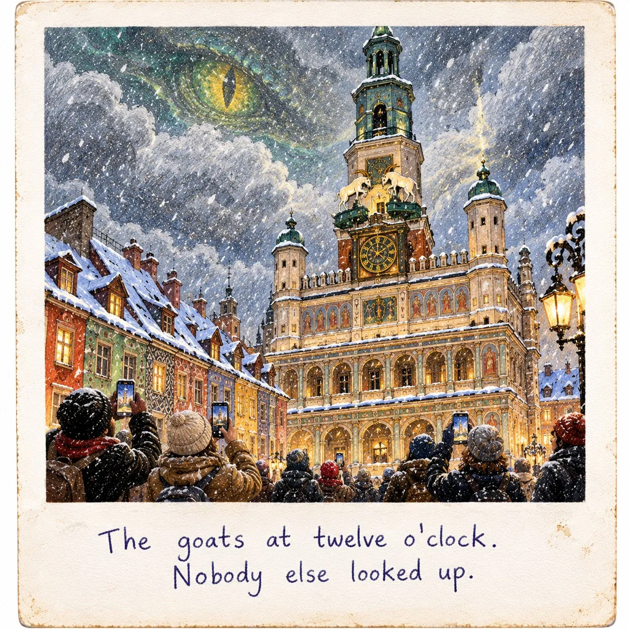 Snowy Poznań Square and Hidden Sky Eye