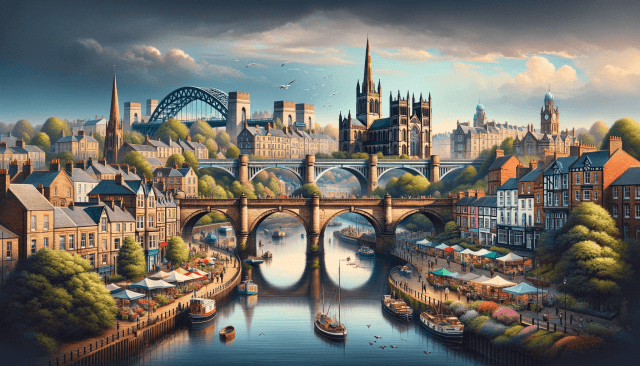 An AI-generated wide panoramic image showcasing the Northeast's diversity, combining landmarks, architectural styles, natural landscapes, and typical scenes from Newcastle upon Tyne, Gateshead, Durham, Consett, and the wider region.