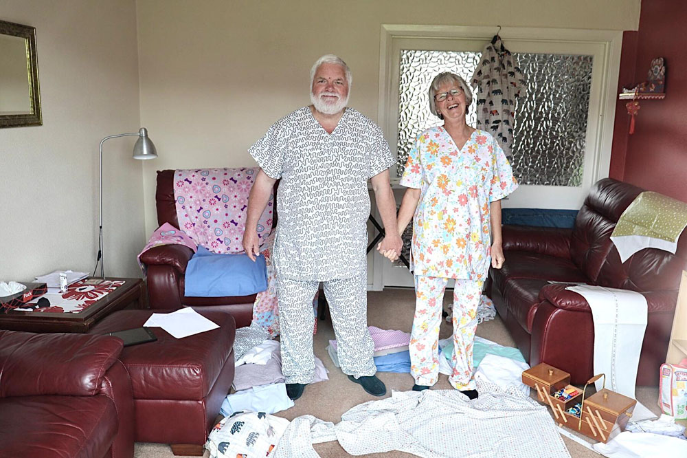 Consett Coronavirus 2. PPE makers. - Marj Stephenson, and her husband Jim, answered calls to make PPE in the first lockdown including face coverings and scrubs. The couple used an array of old fabrics and can be seen modelling their handmade scrubs before delivering them to University Hospital Durham for NHS staff.