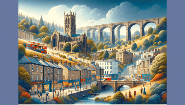 An AI-generated wide header image landscape that masterfully encapsulates the essence of Consett, blending elements from uploaded photos to create a breathtaking panorama.