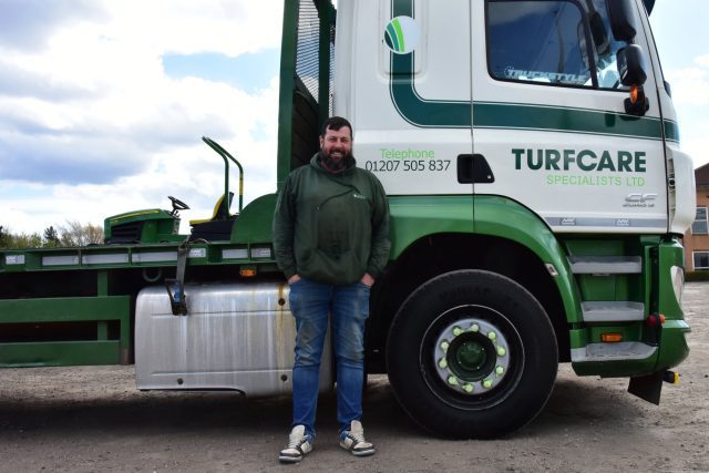 Paul Charlton, Managing Director of Turfcare Specialists, pictured beside the company’s branded truck in Leadgate—carrying on a family legacy of sports ground excellence since 1984.