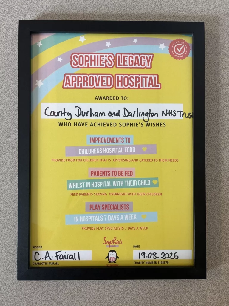 County Durham and Darlington NHS Trust Receives Sophie’s Legacy Recognition