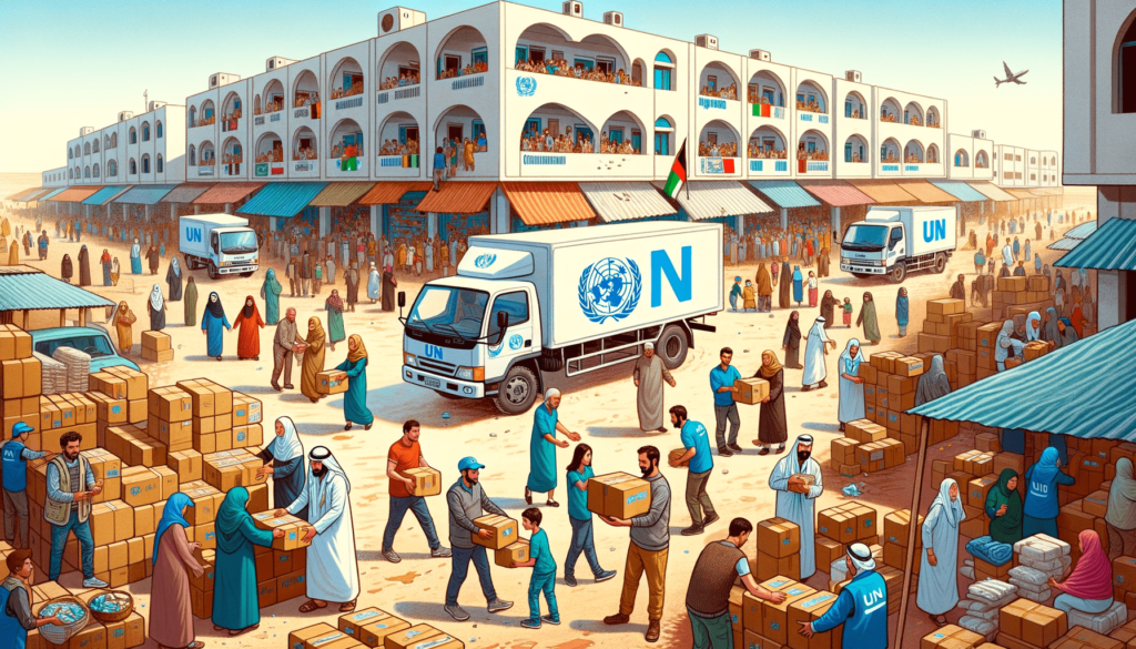 UN trucks, workers, and volunteers distributing aid in Gaza, representing Scotland's continued funding and support for these humanitarian efforts.