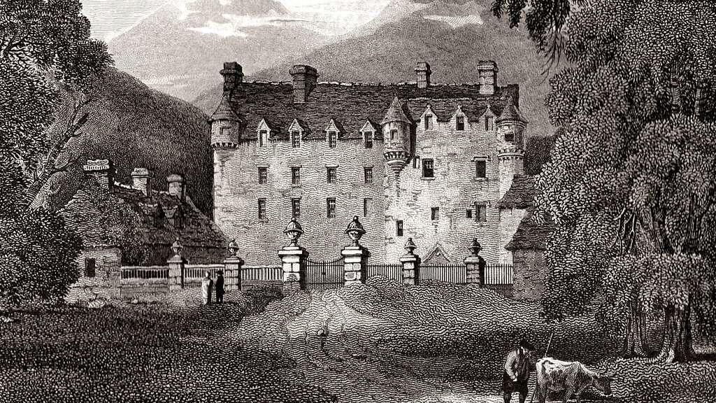 Traquair House, 1814 - A drawing of a castle with a horse in front of it
