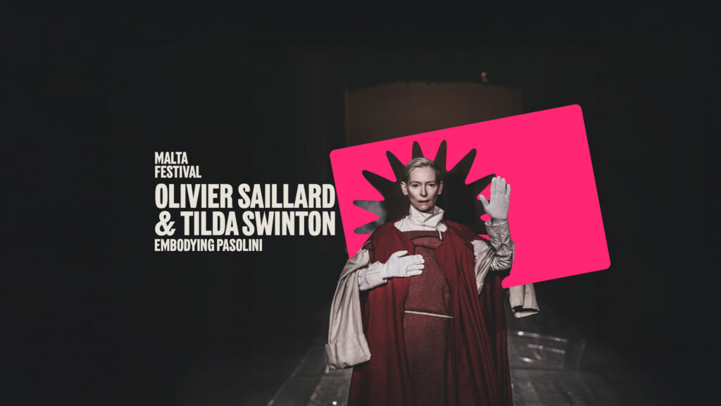 Tilda Swinton in "Embodying Pasolini". Official poster of the play for Malta Festival 2025.