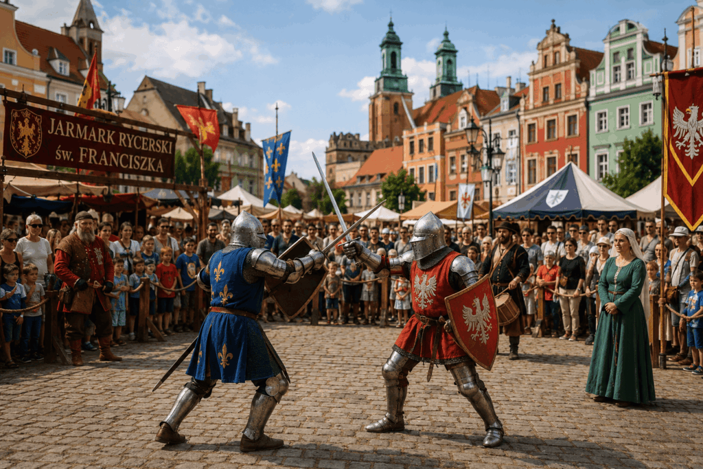 Armoured knights battle before a crowd during a medieval festival, capturing the atmosphere of the St Francis Medieval Knight Market on Poznań's historic Rynek Śródecki