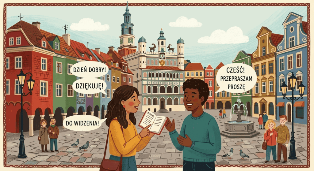 Learn Common Polish Words and Phrases - Two People at Old Market Square Learning Polish