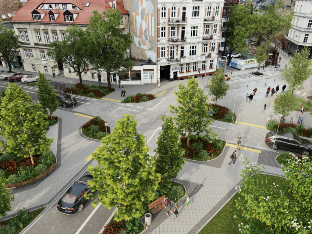 Eco Initiatives in Poznań: Visualization of Transformed Kościuszki/Taylora/Taczaka Intersection.