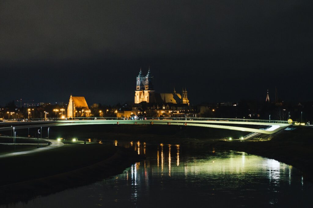 Mosty Berdychowskie at night.