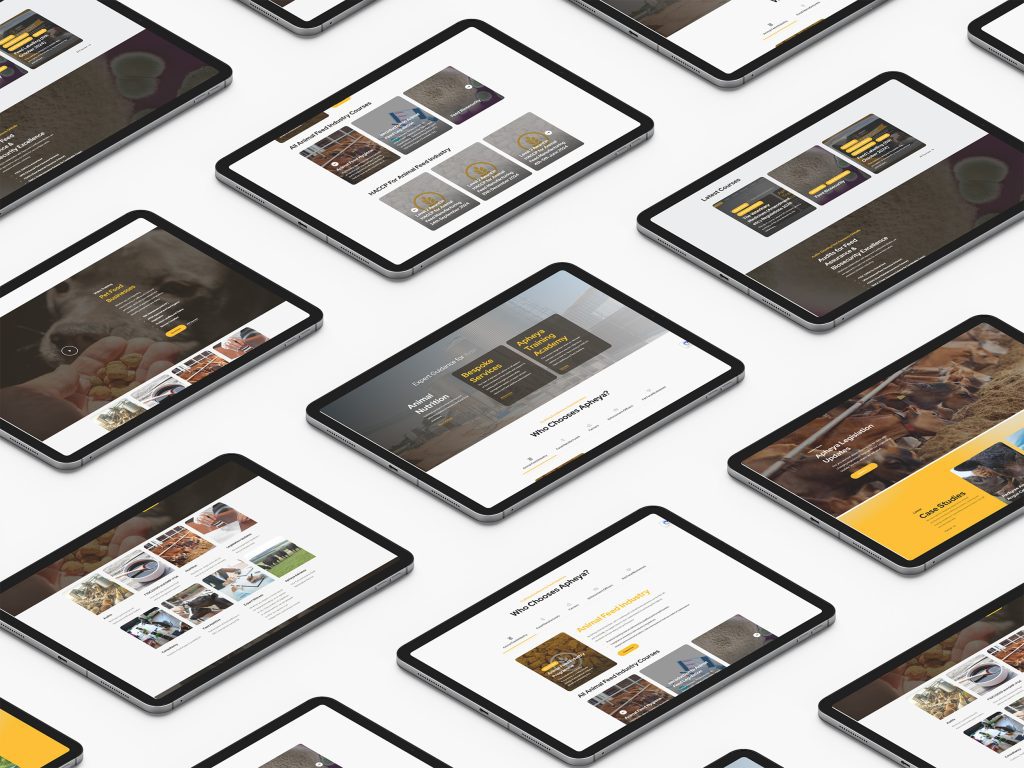Websites on iPads developed by Firefly for Apheya, featuring a learning management system and payment options.